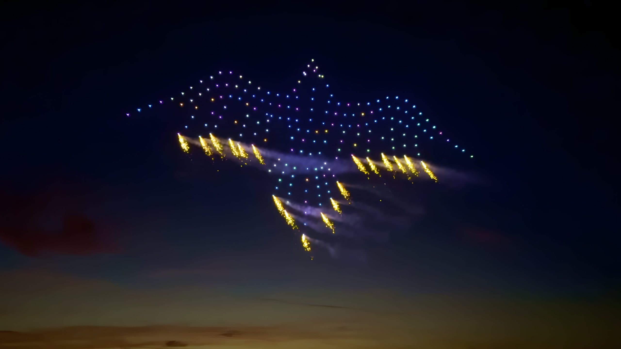 Pyro drone effect in the night sky